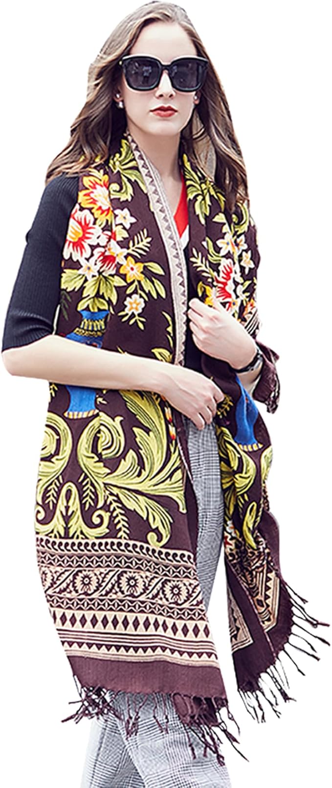 DANA XU 100% Merino Wool Pashmina Shawl for Women 96"x43", Oversized Cashmere Wrap with Tassels, Floral Travel Blanket Cape