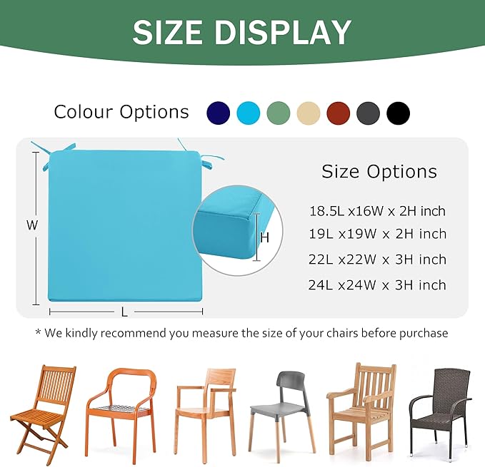 Outdoor Chair Cushions Set of 2: Waterproof & Fade Resistant Deep Seat Cushion for Patio Furniture - 24 x 24 x 3 Inch Chair Pads with Ties and Hidden Zipper - Patio Chair Cushion Replacement, Teal