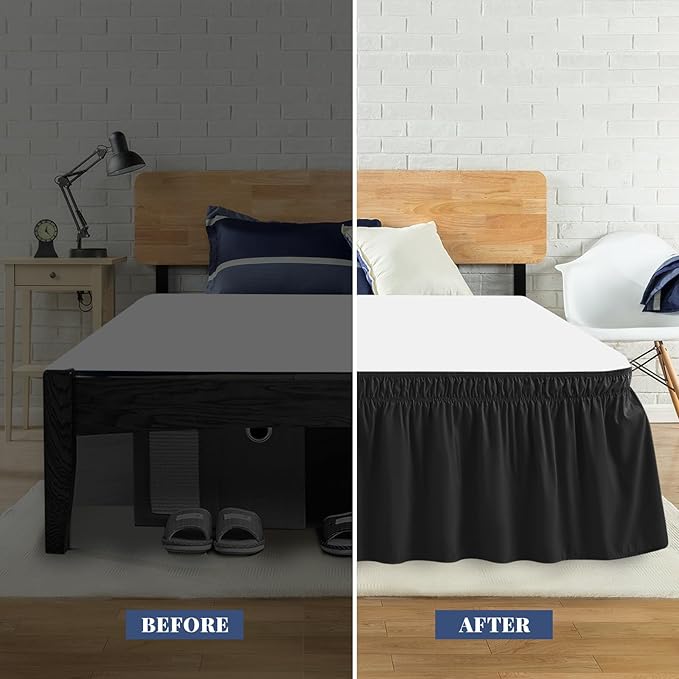 Queen Bed Skirt, Elastic Wrap Around Bed Skirt Queen Size, Bed Skirts for Adjustable Bed, Easy Fit with 18" Drop Length Tailored Drop Dust Ruffle (Black)