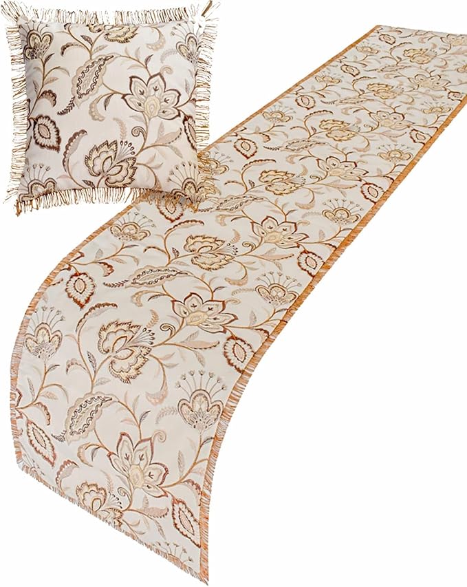 The HomeCentric King/Queen/Twin Beige Decorative Bed Runner Twin 53"x18" Bed Runner with One Pillow Cover, Floral, Pearl, Jute Lace, Embroidery Bed Scarf on Cotton Fabric - Floral Luster