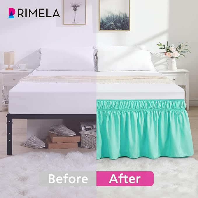 RIMELA Spa Blue Bed Skirt Queen Size 18 Inch Drop, Elastic Bed Skirting for Bed Base and Frame, Bedding Dust Ruffle Easy to Install, Lightweight Wrap Around Adjustable Bedskirt
