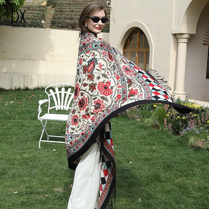 DANA XU 100% Merino Wool Pashmina Shawl for Women 96"x43", Oversized Cashmere Wrap with Tassels, Floral Travel Blanket Cape
