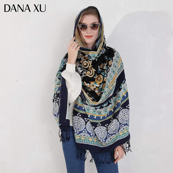 DANA XU 100% Merino Wool Pashmina Shawl for Women 96"x43", Oversized Cashmere Wrap with Tassels, Floral Travel Blanket Cape