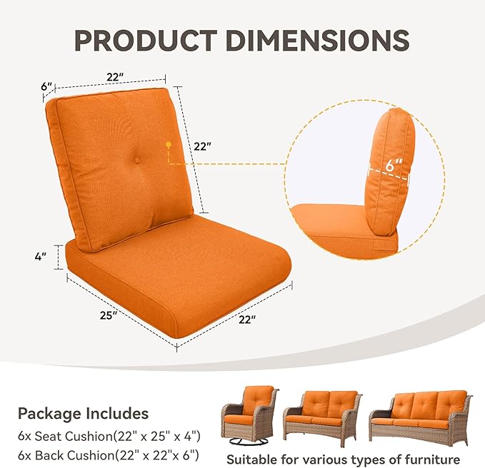 Patio Cushions for Outdoor Furniture - 22" x 25" x 4" UV Resistant Thick Foam Cushions Water Resistant Replacement Cushion for Outdoor Patio Furniture Chair/Sofa/Couch | Orange | 6-Pack |