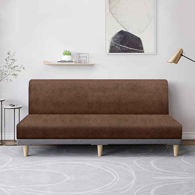 molasofa Leather Like Stretch Futon Slipcover Armless Futon Bed Sofa Cover Furniture Protector with Elastic Bottom, Soft and Washable Futon Cover for Sofa Bed Stay in Place（Larger，Light Brown）