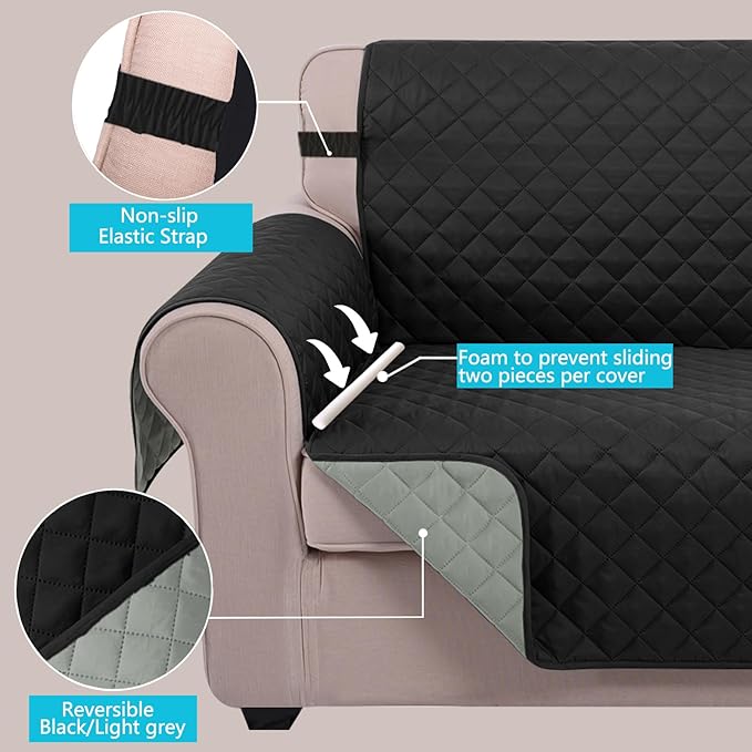 U-NICE HOME Loveseat Sofa Cover Reversible Couch Cover for Dogs with Elastic Straps Water Resistant Furniture Protector for Pets Couch Cover for 2 Cushion Couch (Loveseat, Black/Grey)