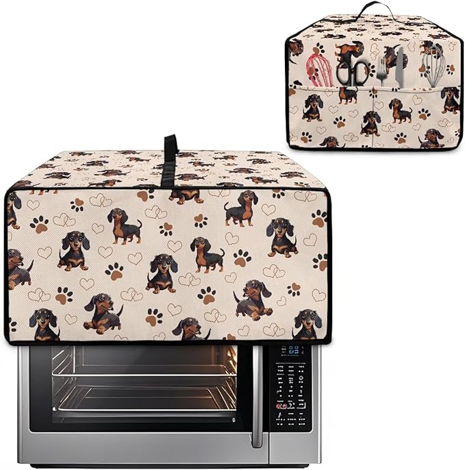 Dachshund Dog Heart Paw Print Toaster Oven Cover with Storage Bags Waterproof Dust Cover for Microwave Oven Polyester-Linen Fabric Small Appliance Dust Covers Fits Most Microwaves, S