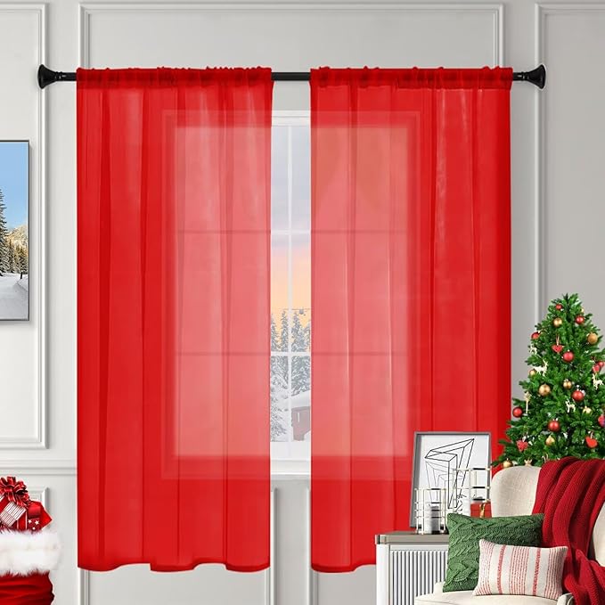 Sheer Curtains 54 Inches Long 2 Panels, Rod Pocket Short Curtain for Kitchen, Bedroom, Cafe Window(Red 38" W x 54" L)