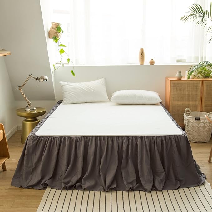 BISELINA French Linen Bed Skirt with Pleated Frills 22-Inch Tailored Drop Natural Flax Cotton Blend Dust Ruffle Soft Cozy Farmhouse Bedding (22" Queen, Ruffle Dark Grey)