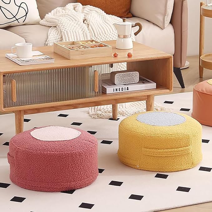 Round Pouf Ottoman Foot Rest, Stuffed Floor Pouf Foot Stool with Foam Chunk, Fluffy Storage Ottomans for Living Room Home Decor, Red