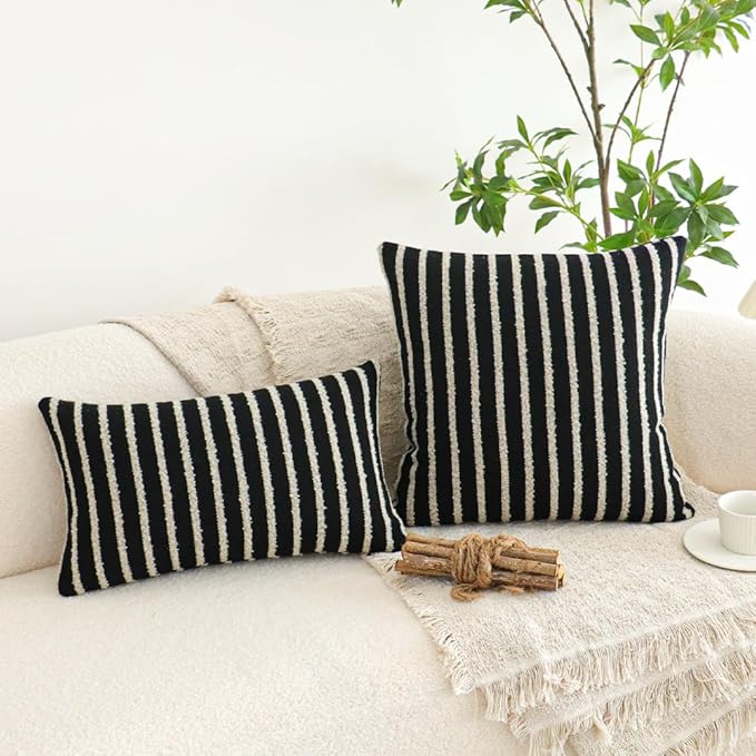 Jonhier Black Striped Lumbar Boho Throw Pillow Cover, Modern Boucle Textured Rectangle Pillowcase for Sofa Couch Bed, Neutral Farmhouse Accent Decorative Cushion Cover for Living Room, 12 x 20 inch