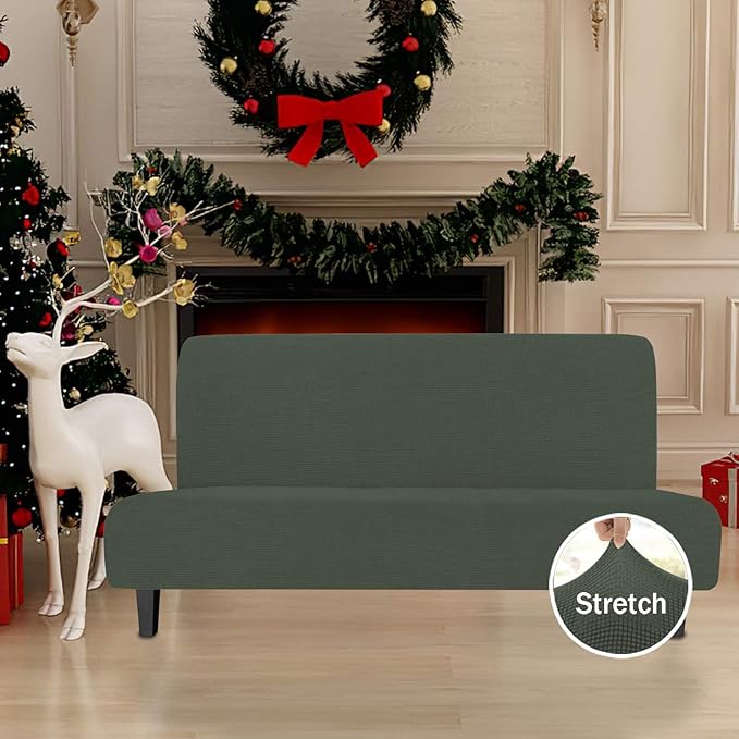 Easy-Going Stretch Futon Slipcover Armless Futon Bed Cover Furniture Protector Without Armrests with Elastic Bottom for Kids, Soft Jacquard Fabric Small Checks (Large, Olive Green)
