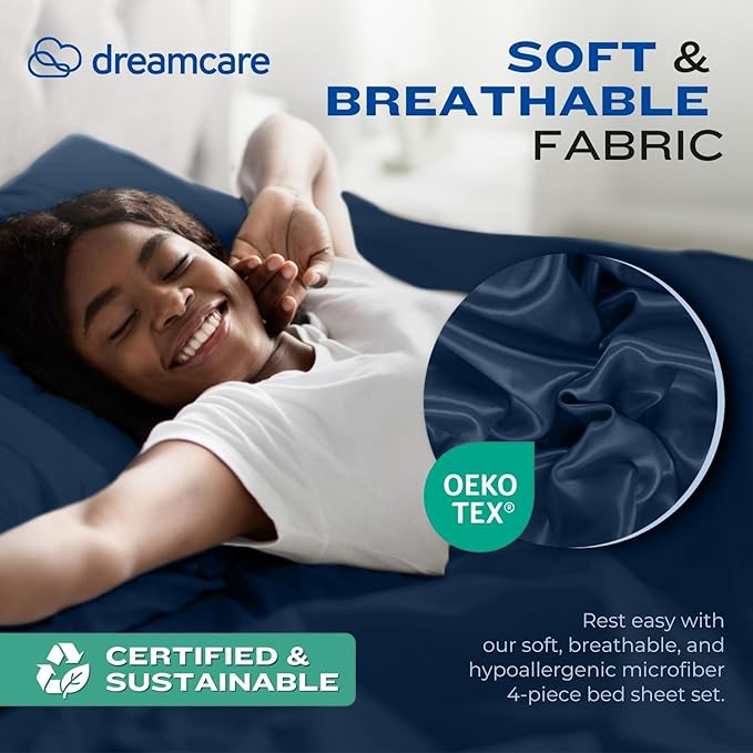 DREAMCARE Full Size Sheets - Cooling Bed Sheets - 4pcs Set - up to 15" Deep Pocket Full Sheet Set - Sheets Full Size Bed - Soft & Long Lasting 100% Fine Brushed Polyester with Side Pocket - Navy Blue