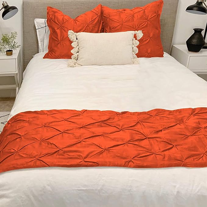 Bed Runner Set - 100% Pure Cotton 800 Thread Count - Luxury 1 Pinch Pleated Bed Runner and 2 Pillow Cover - 3 Piece Pinch Pleated Bed Runner Set California King, Orange