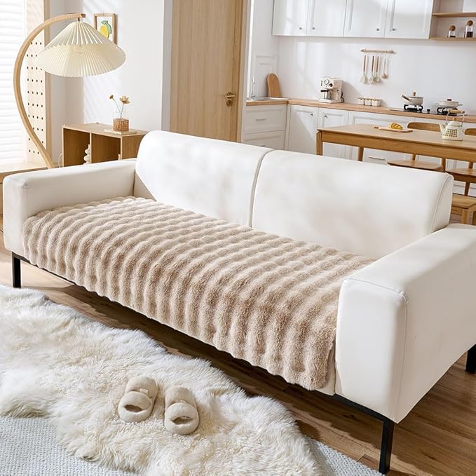 Faux Fur Couch Cover Fuzzy Soft Plush Thick Bubble Sofa Cover Luxury Sectional Couch Covers Luxury Anti-Slip Sofa Slipcover Washable Furniture Protector (Khaki,28"x70")
