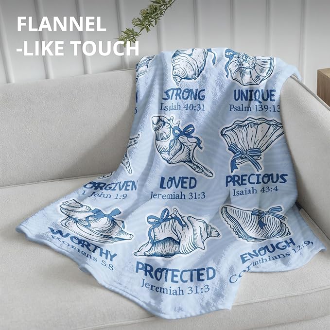 Blue Christian Blanket, God Says You are Bible Verse Preppy Beach Seashell Throw Blankets for Girly Room Bedroom Dorm Couch Bed Decor, Religious Coastal Inspirational Blanket, 50x60 Inch