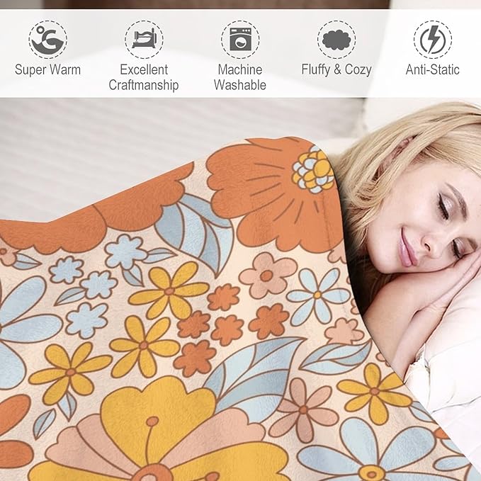 Retro 70s Floral Blanket, Hippie Summer Groovy Flower Power Flower Boho Print Throw Blanket for Couch Sofa Couch Chair 60"x80"