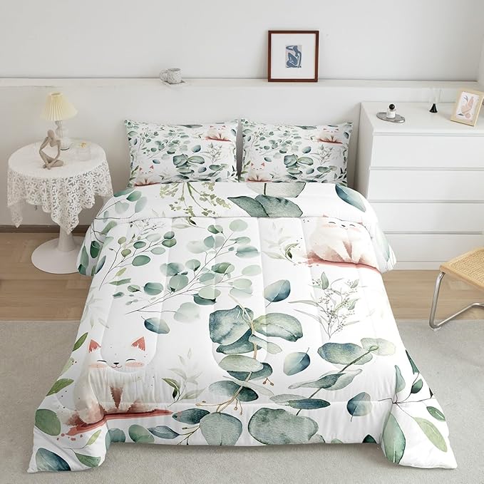 Erosebridal Kawaii Cat Full Bedding Sets for Boys Girls Cartoon Animal Comforter Set, Eucalyptus Leaves Bedding Comforter Sets Pet Kitten Duvet Insert, Tropical Botanical Plants Down Comforter