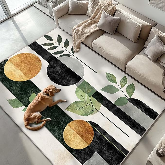 6x9 Boho Area Rug Green Leaf Black White Golden Rug Non Slip Low Pile Large Carpet for Home Kitchen Living Room Bedroom Dining Room Office