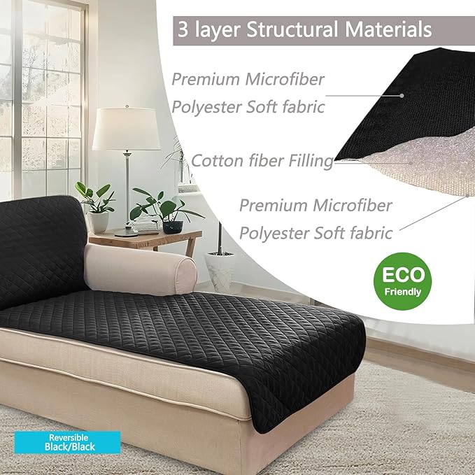 U-NICE HOME Sectional Couch Cover for Dogs Chaise Lounge Reversible Sofa Cover Furniture Protector Cover for Pets with Elastic Adjustable Strap (Chaise Lounge, Black/Black)