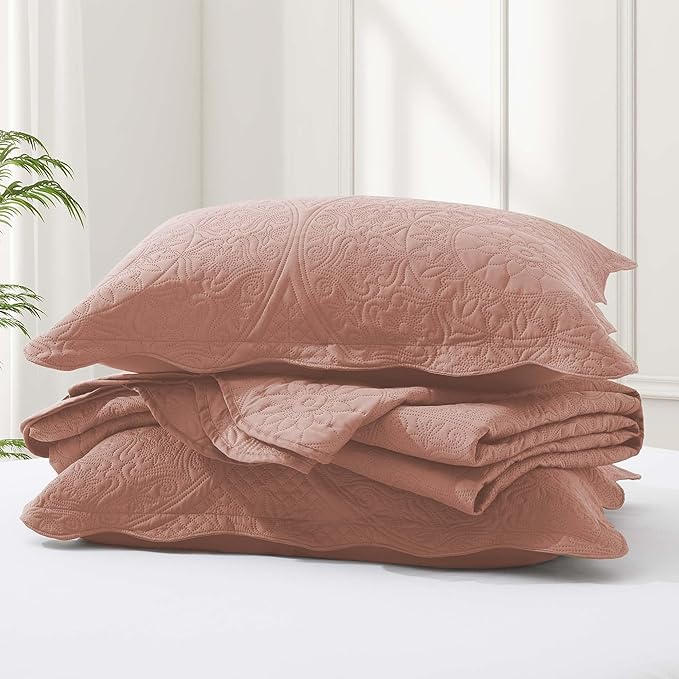 IR Imperial Rooms 8 Pack Quilt King Size Bedding (106" x 96") - Bulk Wholesale for Hotels, Guest Bedroom & Airbnbs - Lightweight Microfiber Reversible Floral Embossed Quilts Bedspreads (Peach)