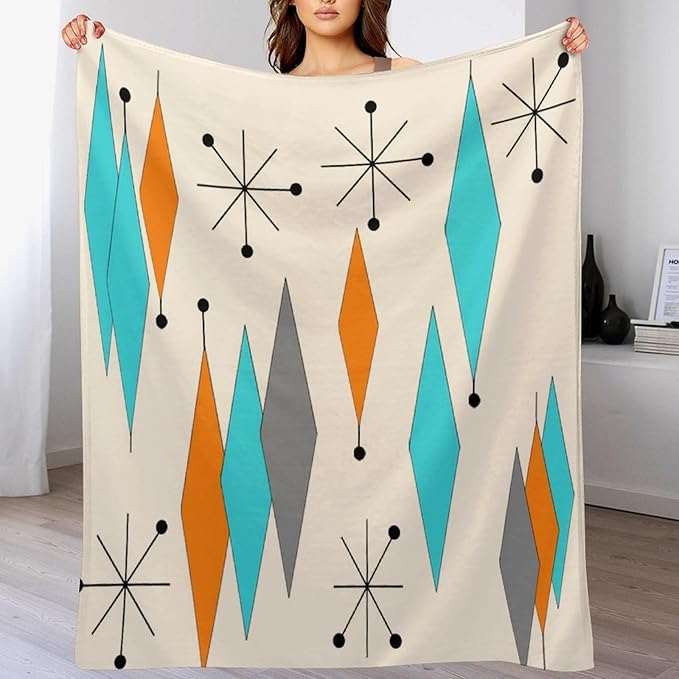 Mid Century Flannel Throw Blankets, Mid Century Modern Geometric Atomic Shapes Orange Retro Style Boho Print Blanket for Bed Couch Sofa Fuzzy Tv Throws 50"x60"