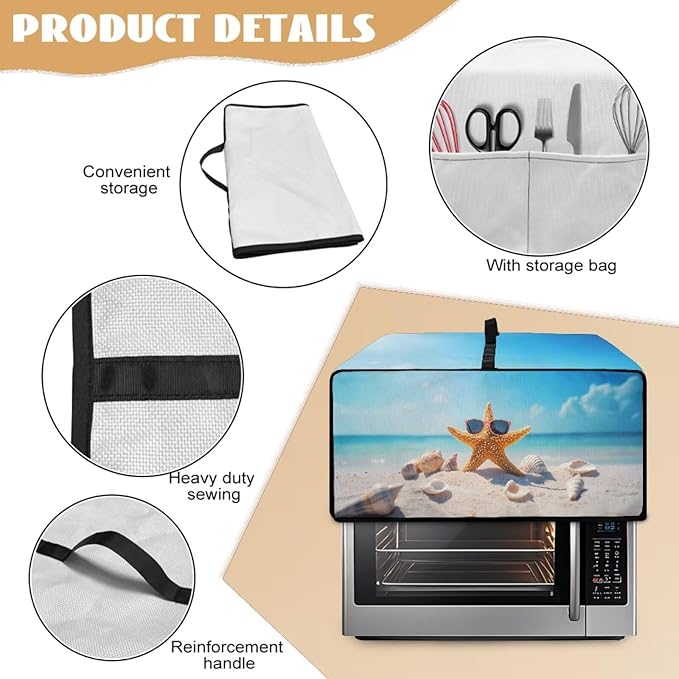 Dust Cover for Microwave Oven Heavy Duty Microwave Oven Cloth Cover with Storage Pockets Foldable Dust-Proof Kitchen Appliance Protector, Starfish Sunglasses Beach Seashell Print, M