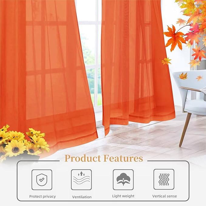 Sheer Curtains 72 Inches Long 2 Panels, Rod Pocket Short Curtain for Kitchen, Bedroom, Cafe Window(Burnt Orange 38" W x 72" L)
