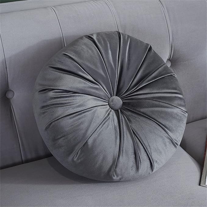 Round Throw Pillow Velvet Pumpkin Pleated Meditation Pillow Solid Color Home Decorative Throw Pillow Floor Cushion for Sofa Chair Living Room Decoration (Grey)