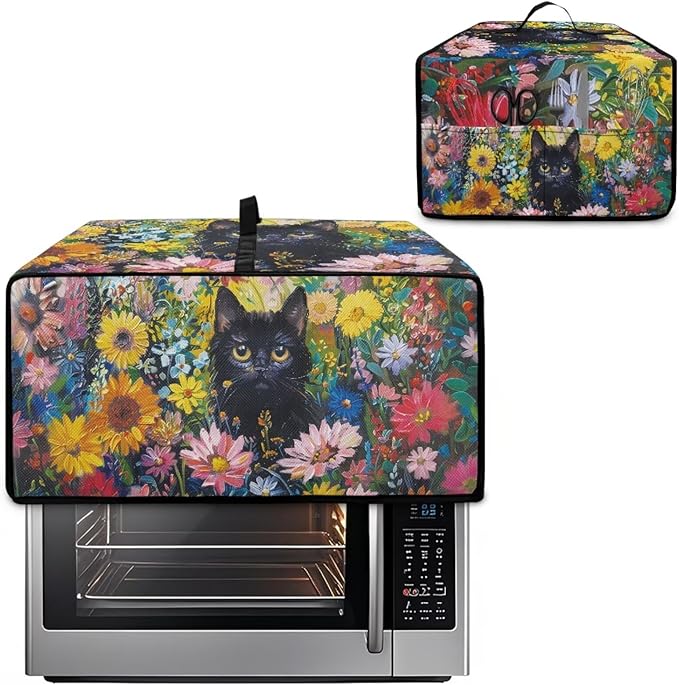 Microwave Oven Dust Cover Heavy Duty Microwave Oven Cover Waterproof Dust-Proof Kitchen Machine Covers Case Protections for Toaster Oven, Oil Painting Cat Sunflower Daisy Print, L