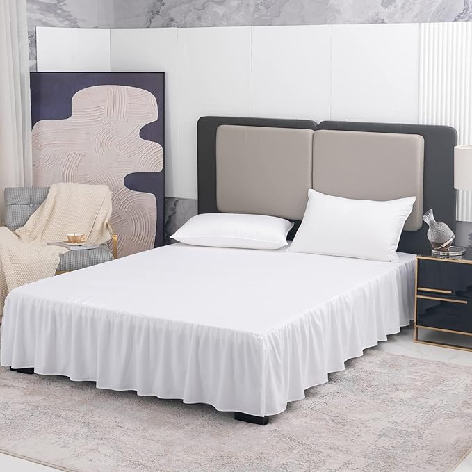 TSUTOMI Bed Skirt Queen Size Ruffled Bed Skirt with Split Corners, 18 Inch Drop Dust Ruffle Bed Skirts with Platform, Gathered Style, 100% Microfiber, White