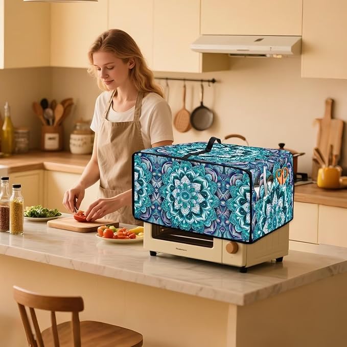 Boho Mandala Lotus Flower Print Microwave Oven Dust Cover with Storage Bags Toaster Oven Cover Polyester-Linen Fabric Small Appliance Dust Covers Fingerprint Protection, S