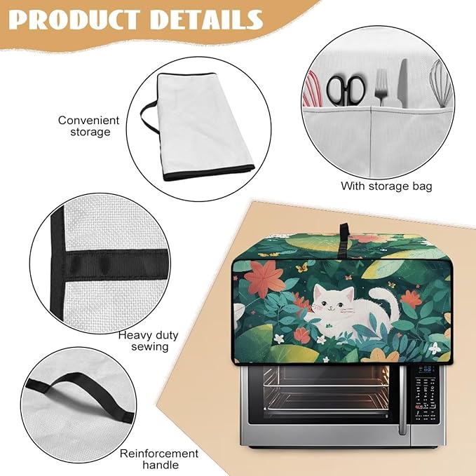 Air Fryer Toaster Oven Dust Cover Protective Convection Oven Cover with Pockets and Handle for Kitchen Countertop, L, 18.5 x 22.5 x 13 Inches, White Cat Green Leaf Flower