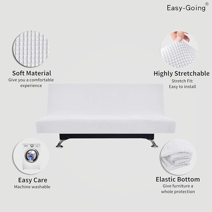 Easy-Going Stretch Sofa Slipcover Armless Sofa Cover Furniture Protector Without Armrests Slipcover Soft with Elastic Bottom for Kids, Spandex Jacquard Fabric Small Checks(futon,Snow White)