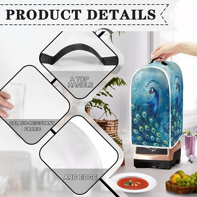 Talayituse Blue Peacock Print Blender Dust Cover, Fingerprint Protection Cover for Stand Mixer or Coffee Machine, Home Kitchen Appliance Covers for Stain Dust Resistant Supplies