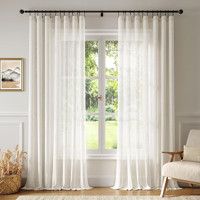 Anmao Natural Linen Curtains for Living Room 108 Inch Length 2 Panels Set, Light Filtering Semi Sheer Window Curtain Drapes for Bedroom with Curtain Rings and Clips, 52Wx108L, Ivory