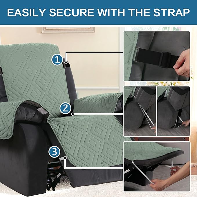H.VERSAILTEX Reversible Quilted Recliner Covers Water Resistant Furniture Protector for Reclienr Chair with Elastic Straps for Pets Kids Sitting Width Up to 28"(Oversized Recliner, Desert Sage/Beige)
