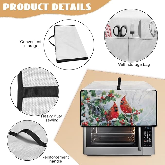 Christmas Microwave Oven Cover Air Fryer Toaster Oven Dust Cover with Accessory Pockets, Stain-resistant Small Electric Appliance Protector for Kitchen, L, Red Cardinal Bird Holly White