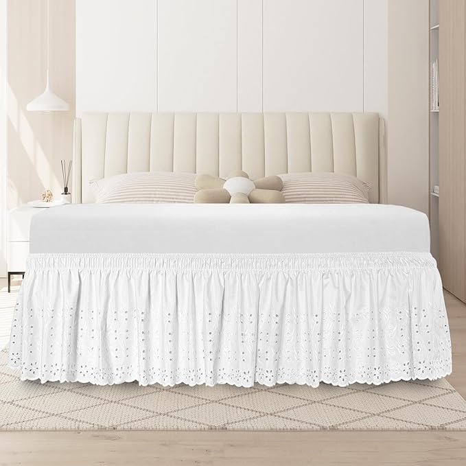 Twin Bed Skirt, Wrap-Around Elastic Ruffled Eyelet Bed Skirt Twin Size Dust Ruffle with Gathered Styling and Embroidered Details, 14" Drop Length (White)