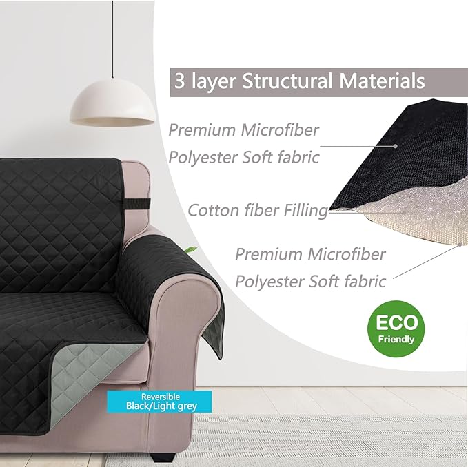 U-NICE HOME Loveseat Sofa Cover Reversible Couch Cover for Dogs with Elastic Straps Water Resistant Furniture Protector for Pets Couch Cover for 2 Cushion Couch (Loveseat, Black/Grey)