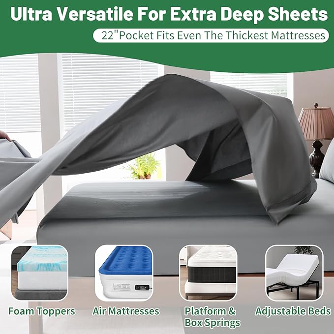 Extra Deep Pocket King Sheets 18-24 Inch 100% Egyptian Cotton 1000 Thread Count Sateen Weave Soft Breathable 4 Pieces（King，Grey）