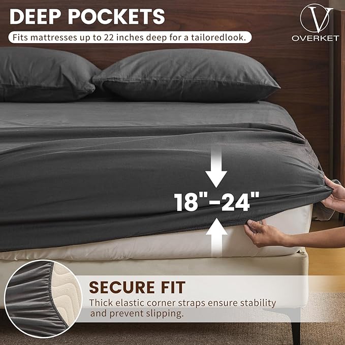 100% Linen Sheet Set King Size Extra Deep Pocket Fits 18-24 Inch Mattress, Breathable & Soft, Smooth 6-Piece Set for Thick Mattresses Hotel Luxury Bedding（King, Dark Grey）