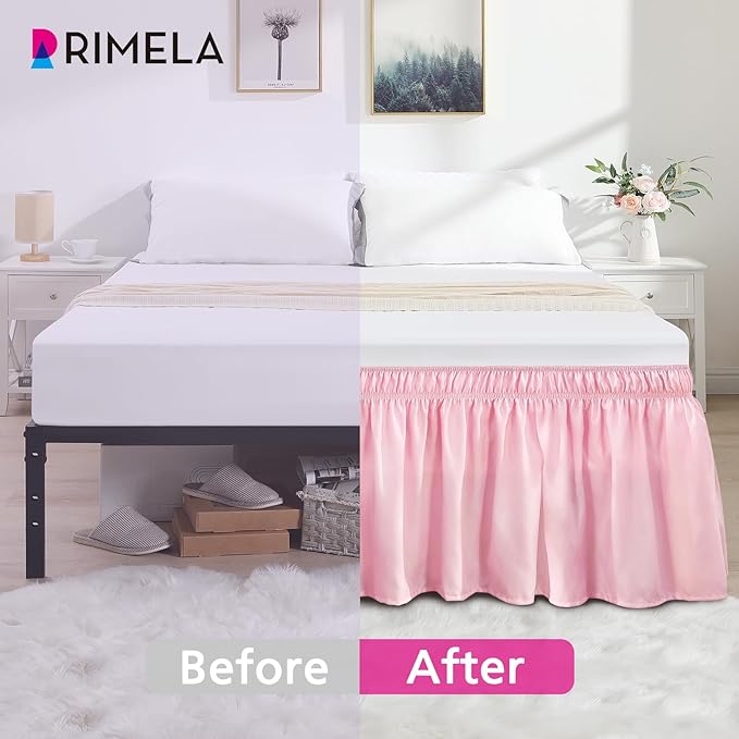 RIMELA Bed Skirt Twin Size Dusty Pink 15 Inch Drop, Wrap Around Elastic Bedskirt, Dust Ruffle for Adjustable Bed Base Soft Durable Fabric Machine Washable Easy to Install Bed Skirts