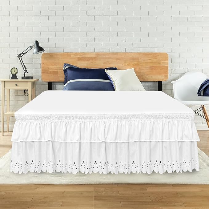 Full Bed Skirt, Double-Layered Ruffled Eyelet Bed Skirt, Wrap-Around Elastic Dust Ruffle Full Size with Gathered Styling and Embroidered Details, 18" Drop Length (White)