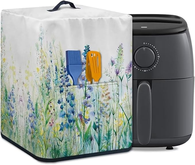 Insulated Air Fryer Kitchen Appliance Cover with Handle and Storage Pocket for Spoon/Cooking Utensils/Recipes, Easy Cleaning, Blue Green Floral