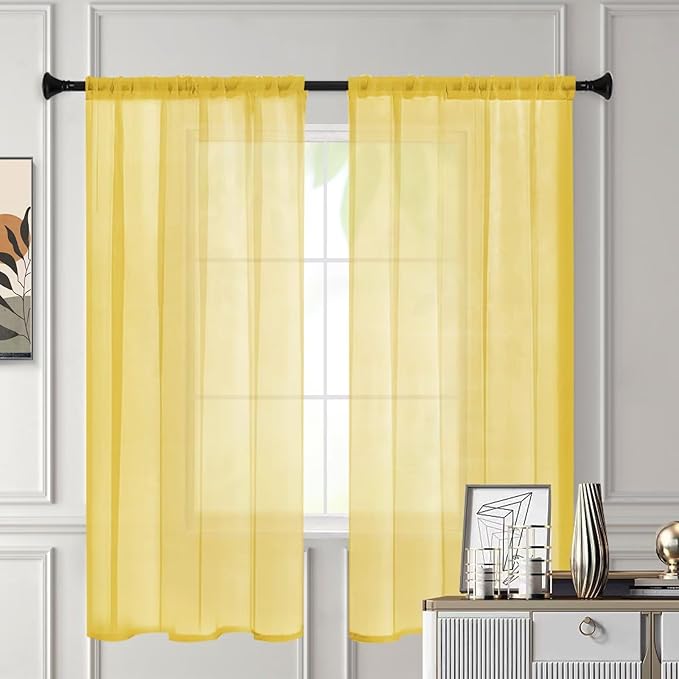 Sheer Curtains 45 Inches Long 2 Panels, Rod Pocket Short Curtain for Kitchen, Bedroom, Cafe Window(Yellow 38" W x 45" L)