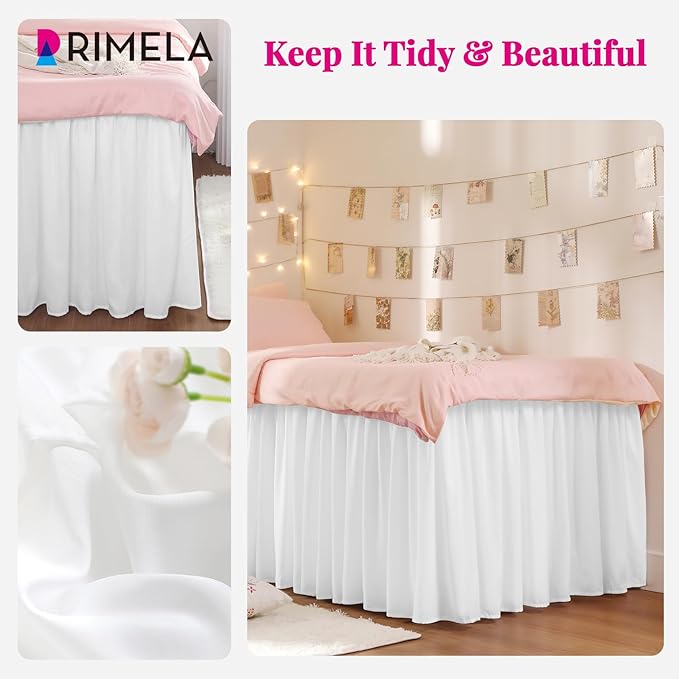 RIMELA Dorm Bed Skirt Twin XL 46 Inch Drop, Easy to Install Extra Long Wrap Around Elastic Dust Ruffle, White Bedskirt Solid Silky Fabric Machine Washable (Twin XL 80“L x 39”W & Twin 75“L x 39”W)