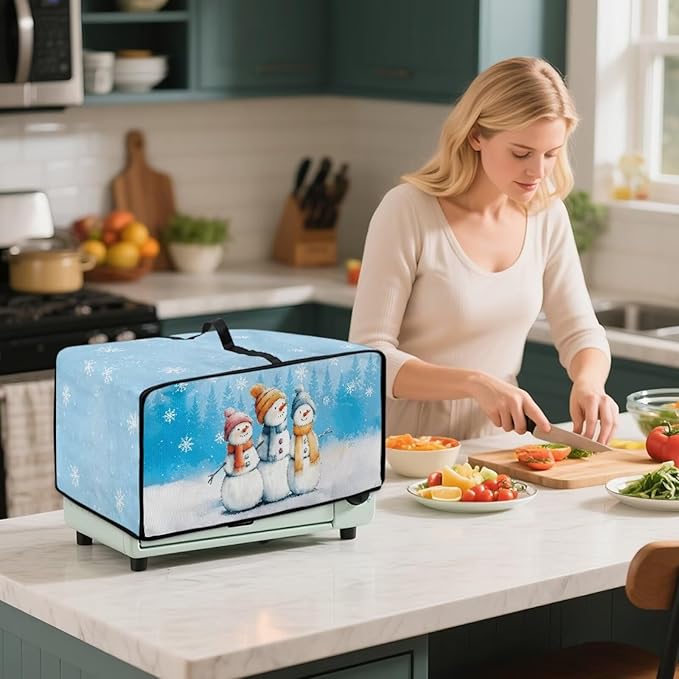 Christmas Air Fryer Toaster Oven Dust Cover Protective Convection Oven Cover with Side Pockets, Decorative Small Kitchen Appliances Protector for Holiday Decor, M, Snowman Snowflake Blue
