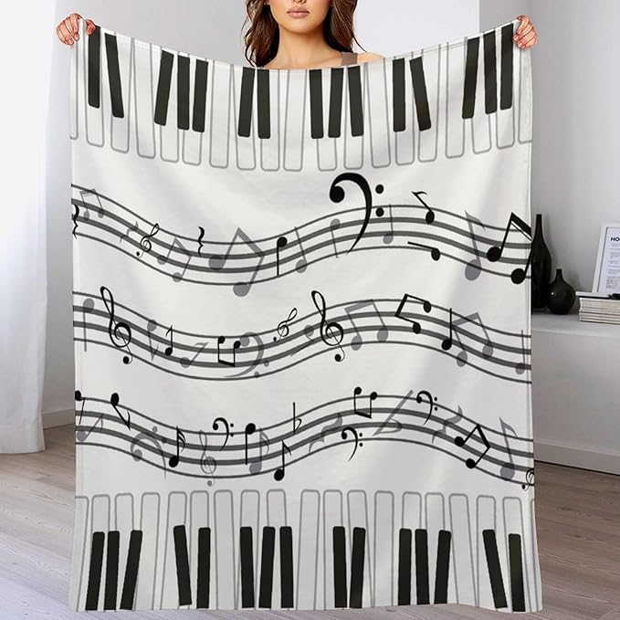 Music Blanket Black White Piano Keys Music Note Modern Abstract Art Print Soft Cozy Lightweight Throw Blanket for Women Men Bedroom Living Room Dorm Chair Sofa Travel 70x80in
