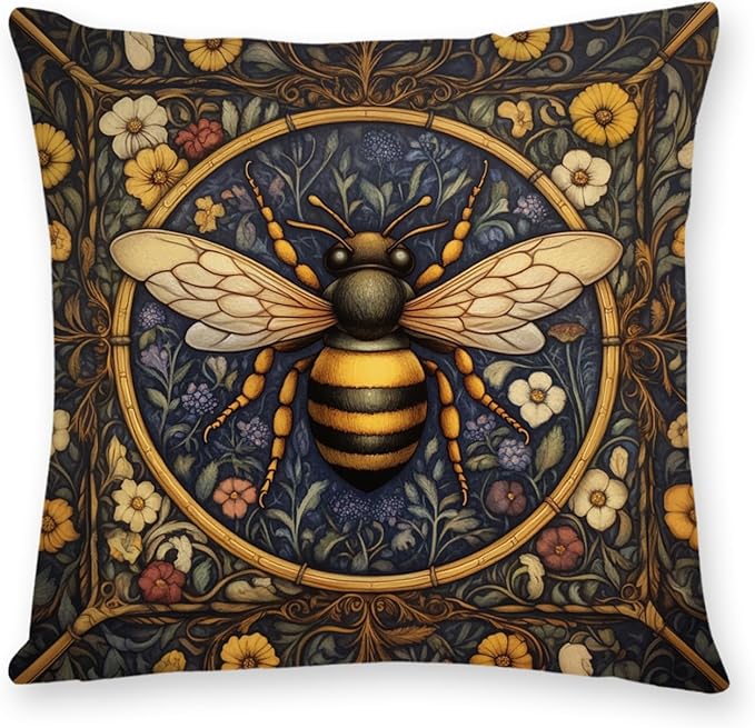 YOU FOUND ME William Morris Abstract Vintage Floral Velvet Butterfly Design Throw Pillow Covers Home Decor, Retro Art Deco Pillowcase Cushion Cover for Bed Sofa Living Room, Square 18x18inch (Bee)